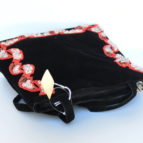 Vintage NEW w/tag Velvet Beaded Black Bag, Ermo Collection Rock/Clear/Seed Beads - Picture 4 of 15